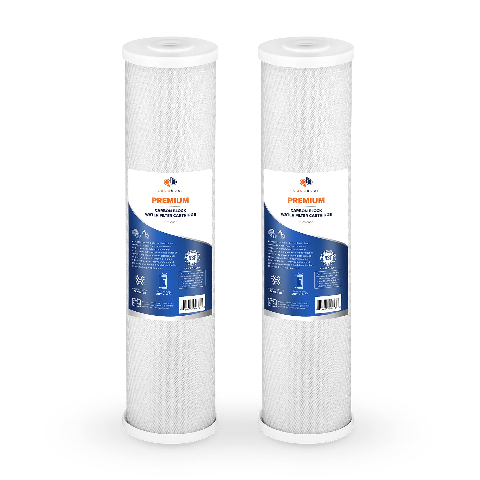 Aquaboon Cartuccia di ricambio per filtro dell'acqua a carbone attivo CTO, 5 micron, 20 x 4,5, per tutta la casa, compatibile con FC25B, EP-20BB, confezione da 2