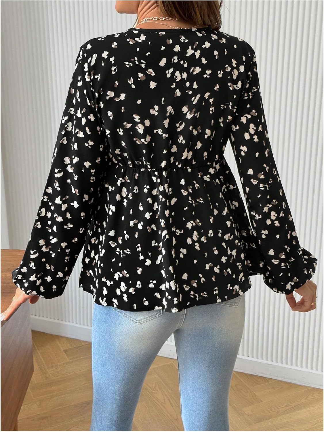 MakeMeChic Women's Maternity Blouse Long Sleeve V Neck Wrap Tops Ruffle Belted Maternity Clothes