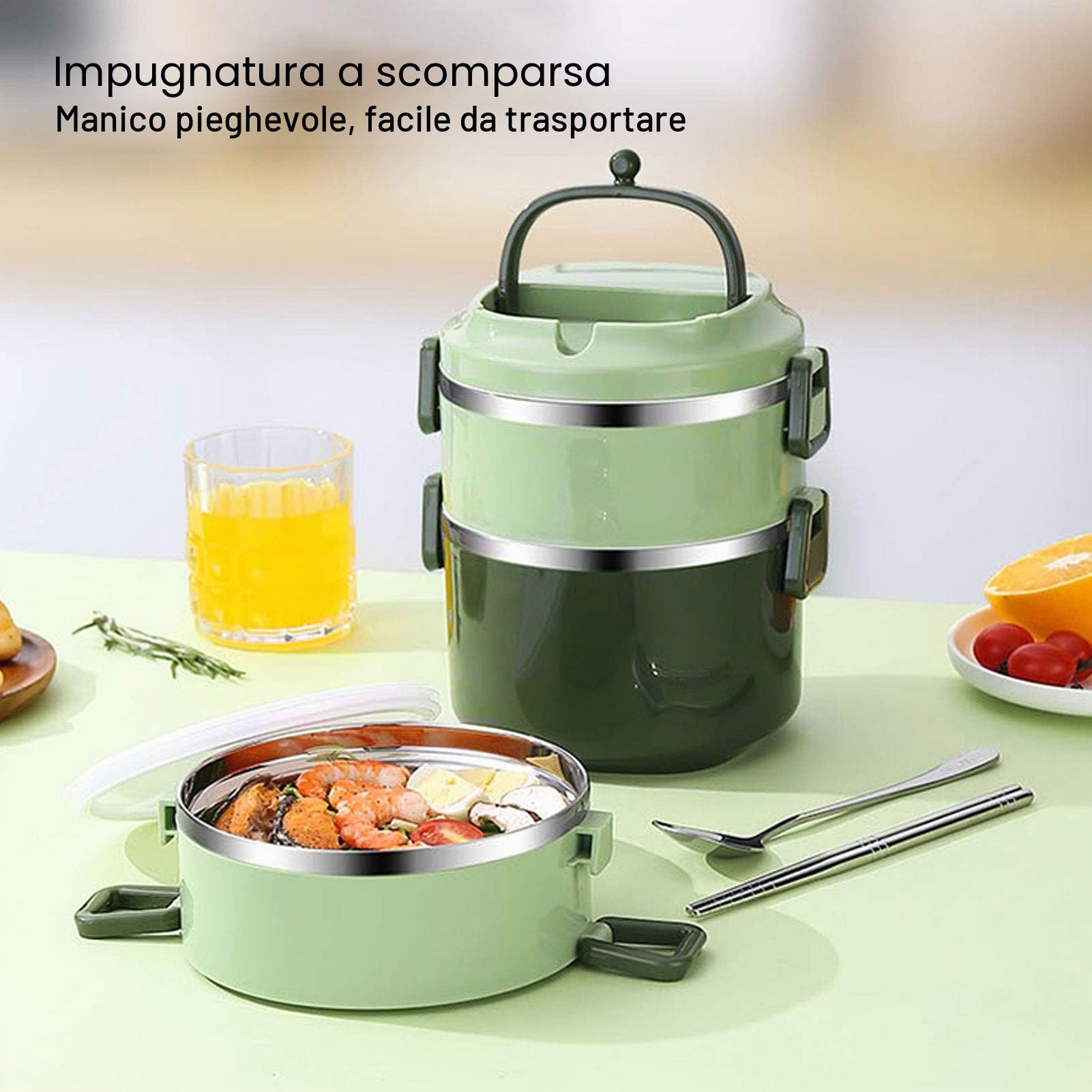 Eujgoov Acciaio Inossidabile Impilabile, Contenitore per il Pranzo in Acciaio Box, Contenitore per Snack con Perdite Lunch Box/contenitore per Alimenti, (3 strati verdi)