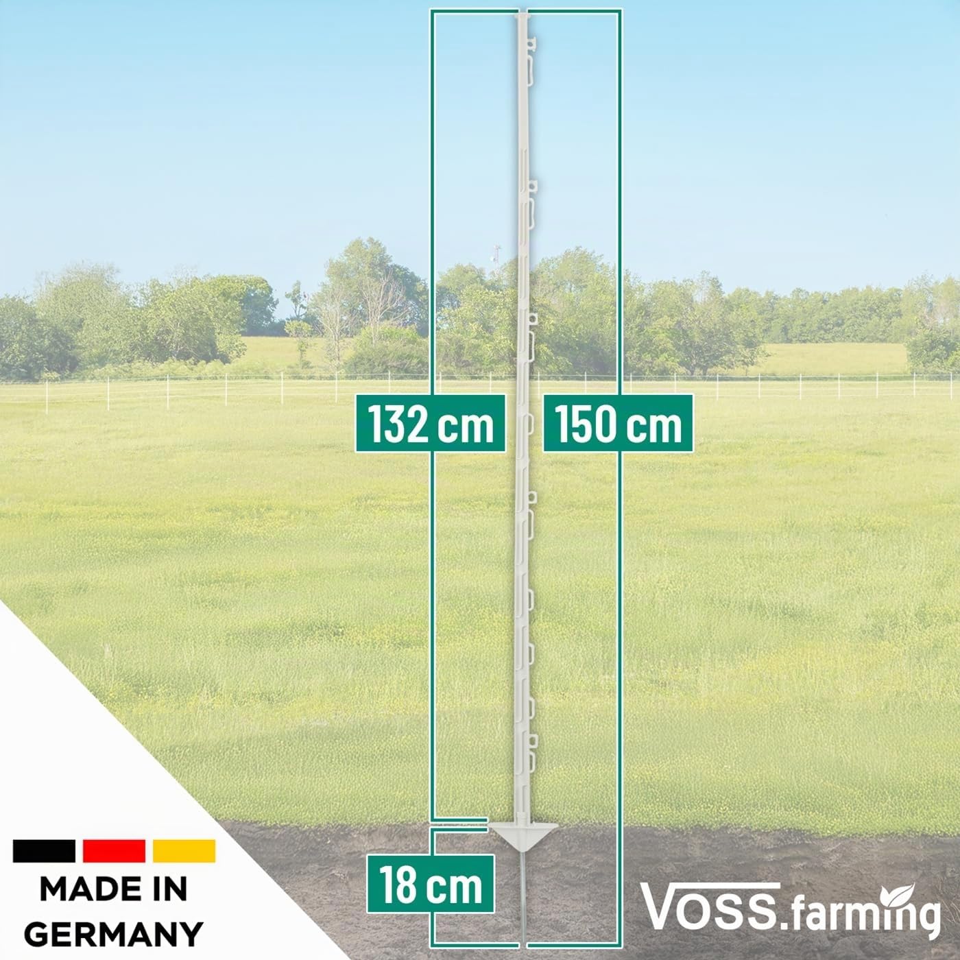 VOSS.farming 40x Weidezaunpfahl 150cm, Kunststoffpfähle, glasfaserverstärkt, weiß, vollisoliert, Doppeltritt, mit Ösen für Litze, Band, Seil, Mobilzaun?für Pferde/Rinder und andere Tiere