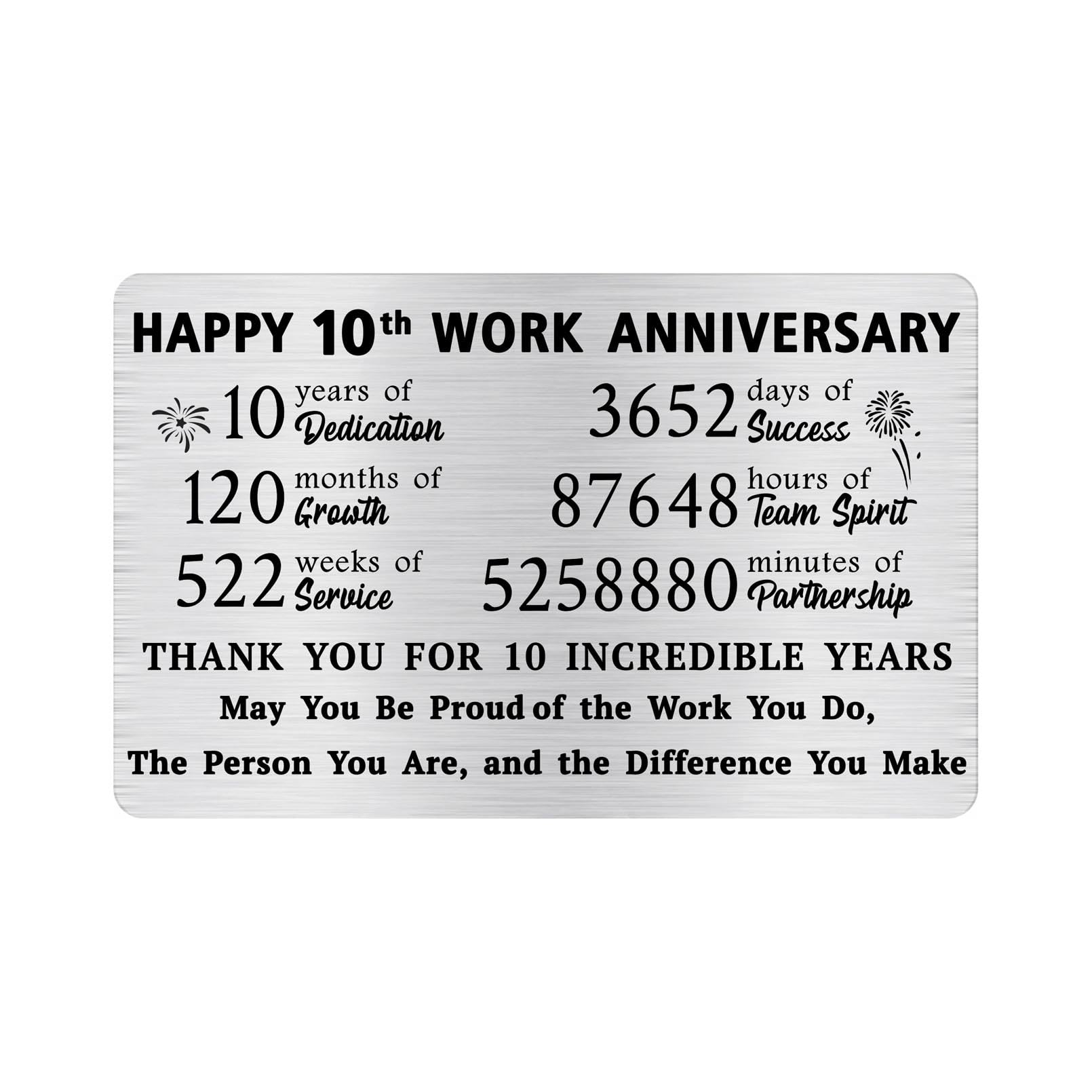 Alotozo 10 Year Work Service Wallet Card - 10 Years of Service Appreciation Gift for Men & Women - Happy 10th Work Anniversary Card for Employee/Coworker