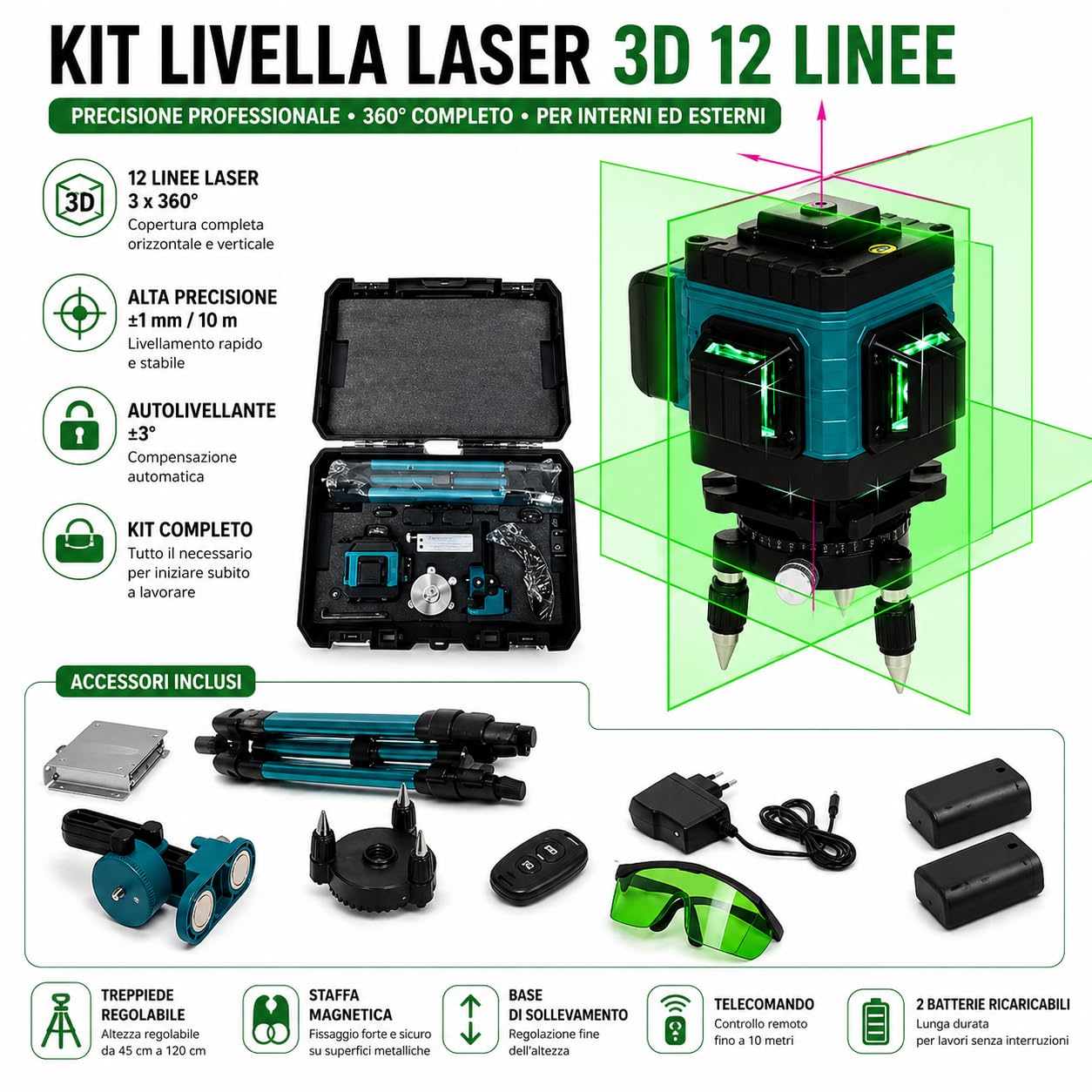 Livella Laser 4D Autolivellante 360° con 16 Linee Verdi, Sistema di Allineamento 3° Automatica, 2 Batterie Incluse, Supporto Girevole, Treppiede Regolabile fino a 1,2m, Telecomando e Valigetta