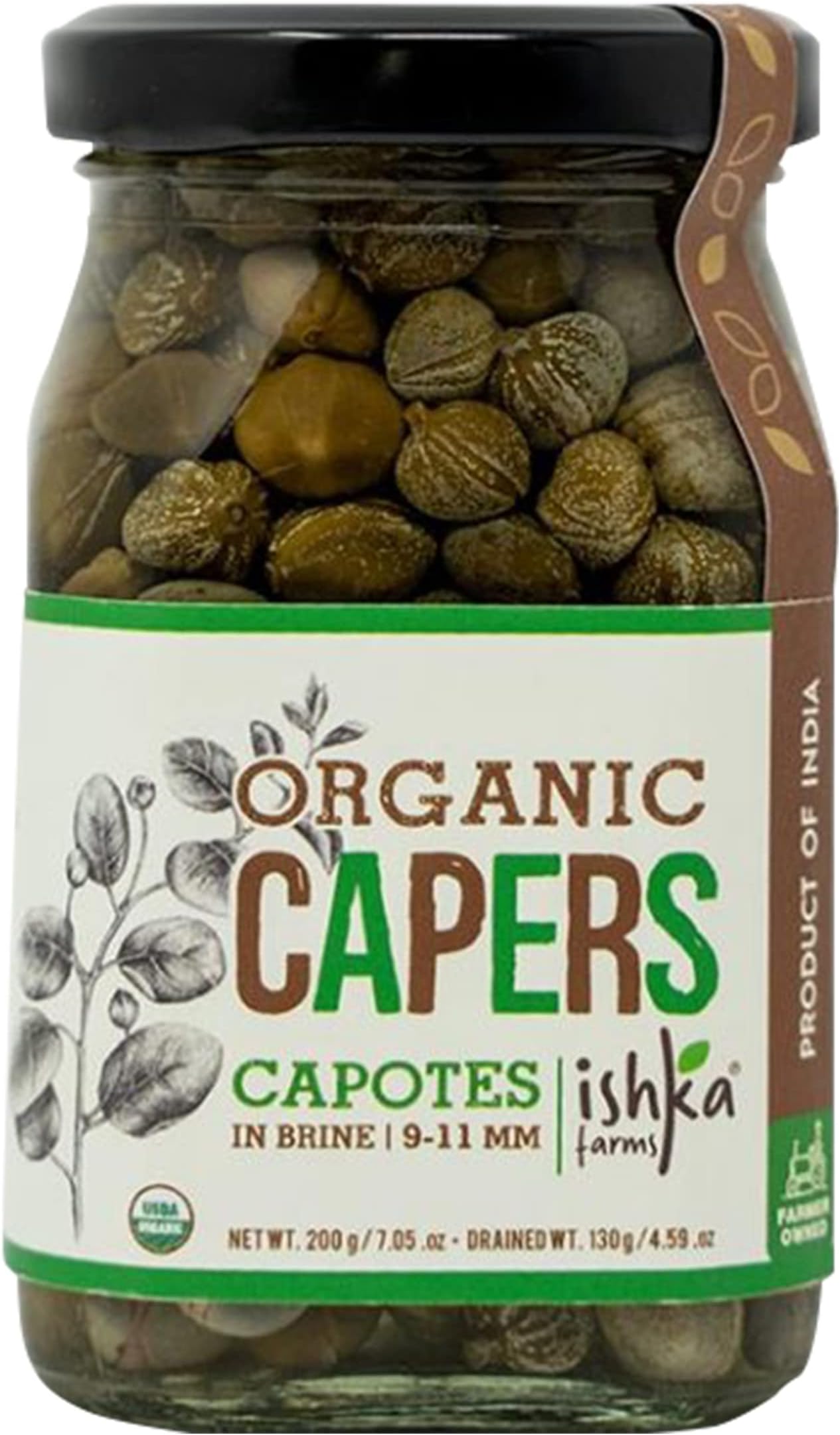 Ishka Farms Organic Capers Capotes in Brine - 200g, [9-11mm] Perfect Topping on Pizza, Pasta & Sandwiches, Use in Salads & Seafood Kair, Ker, Keir
