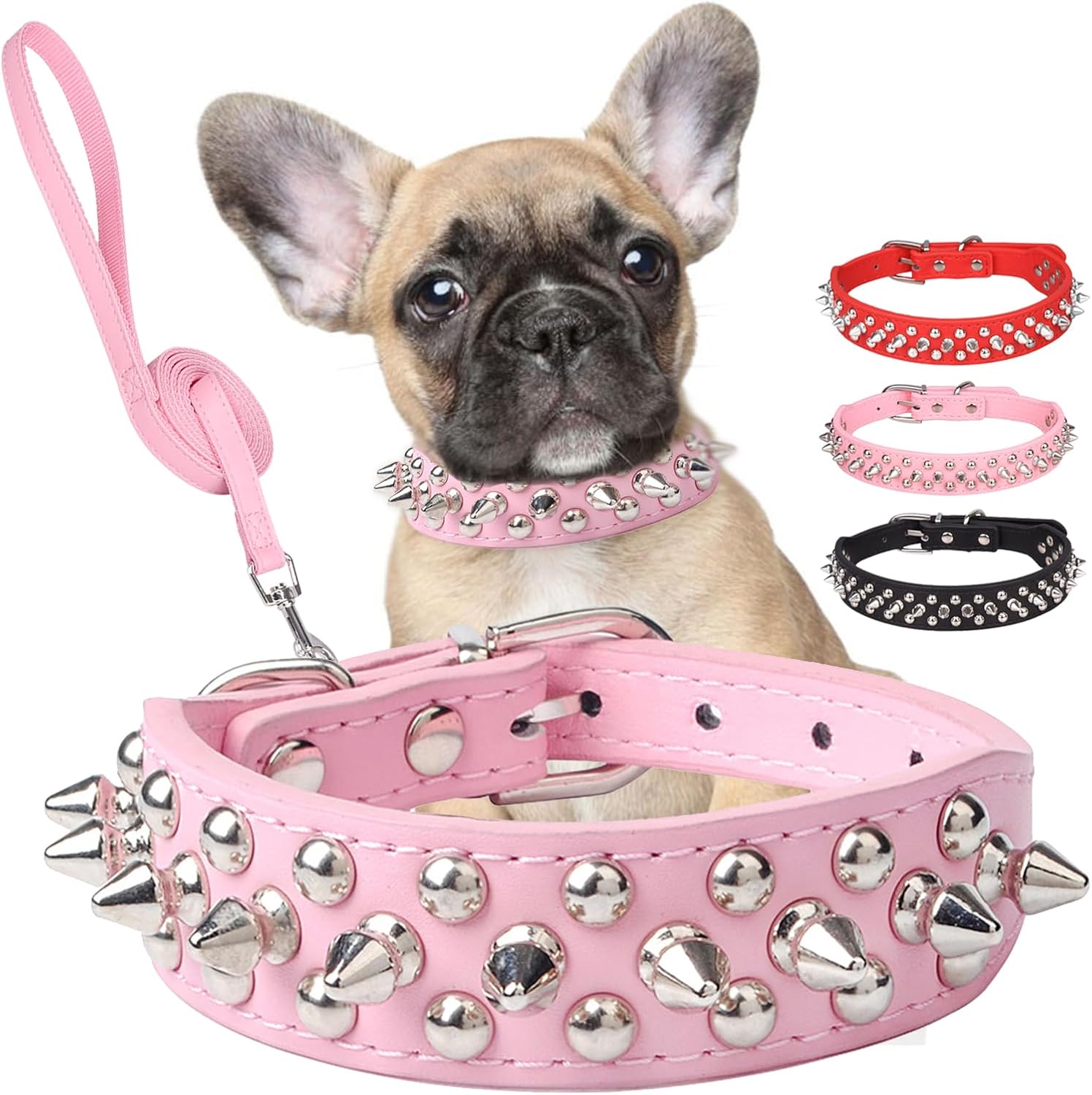 Spiked Dog Collar with Leash Set, Pink Dog Collar, Soft