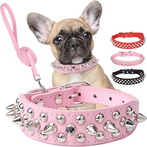 FUNOJOY Collar de púas para perros con correa, remache de hongo ajustable de piel sintética para mascotas pequeñas, medianas y grandes