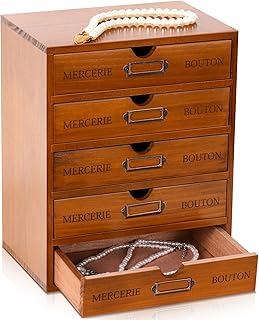 Wesiti 5 Drawer Apothecary Cabinet - Vintage Wooden Desk Organizer - Library Card Catalog Wood Storage Box - Office Desktop Dresser for Stationery, Thread Embroidery, Sewing, Crafts, Junk & Supplies