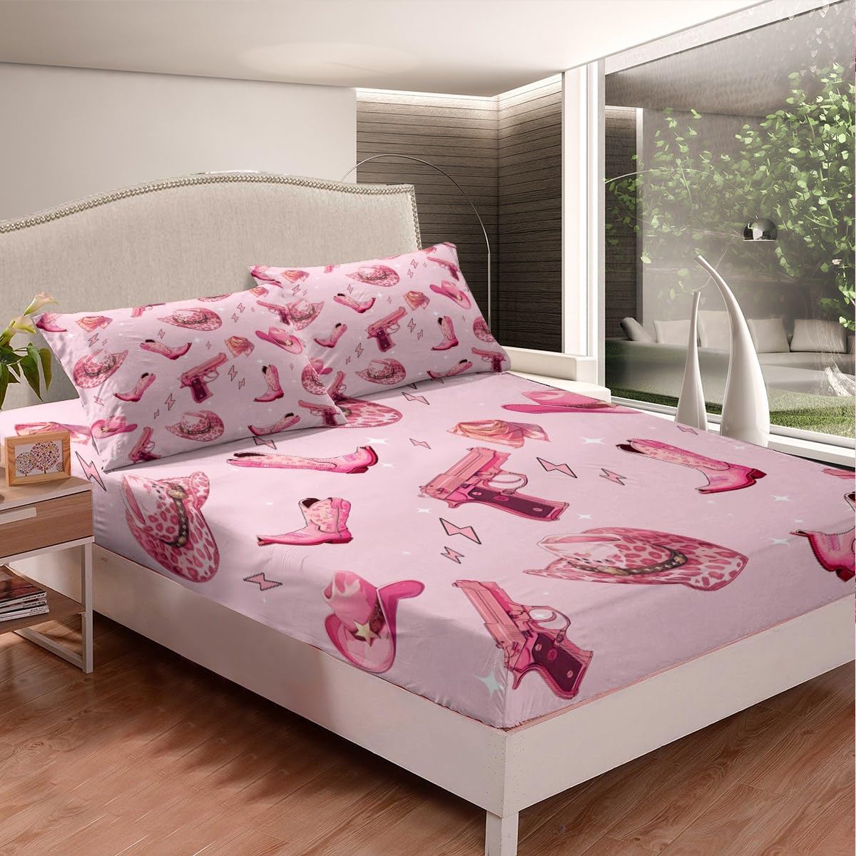 West American Cowgirl Hippie Fitted Sheet Twin Size,Leopard Print Hat Bedding Set Kids Teens Adult Room Decor,Western Cowboy Sheet Set 2Pcs,Pink Star Retro Tribal Fashion Bed Sheet,1 Pillowcase