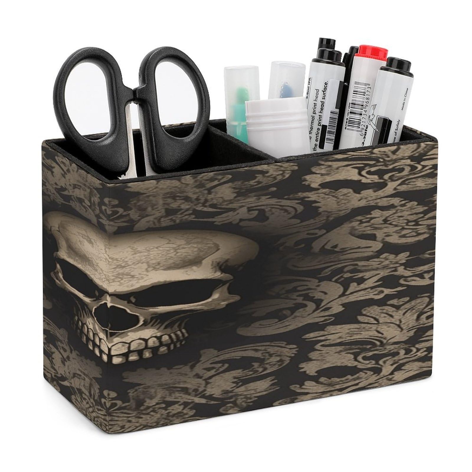VstaDank Gothic Wallpaper Skull Pencil Holder for Desk Organizer 2 Compartments Pen Cup Leather Square Pen Holder Pencil Cup Stand Makeup Brush Holders for Desktop Organizer Storage Case