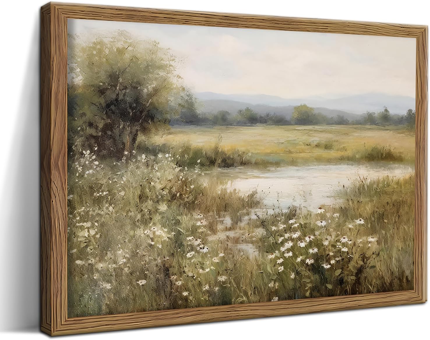 Framed Spring Wildflower Canvas Wall Art, Vintage Farmhouse Floral Print, Neutral Botanical Pictures Wall Decor, Rural Scenery Paintings Artwork for Living Room Bedroom – 12x16 inch