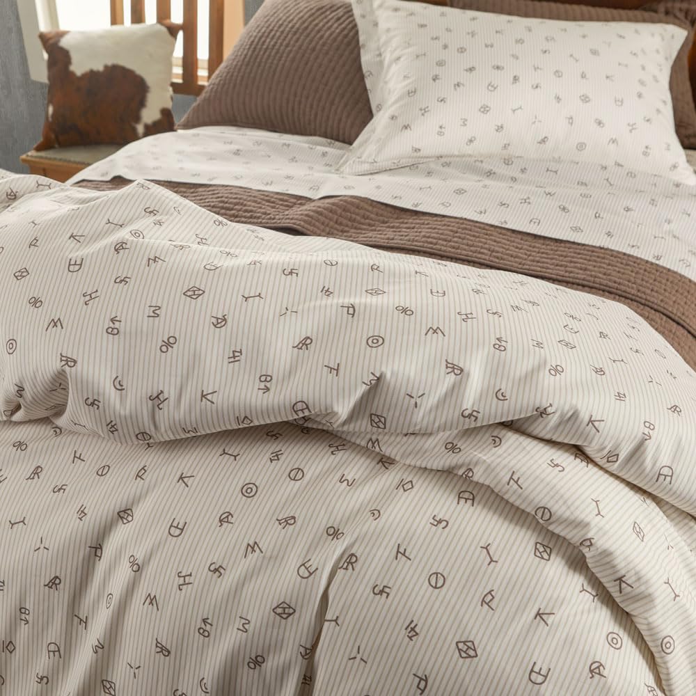 Rod's True Western Cattle Brands Ticking Stripe Queen Duvet Set – 3 Piece Western Bedding, Beige and White Cotton with Shams