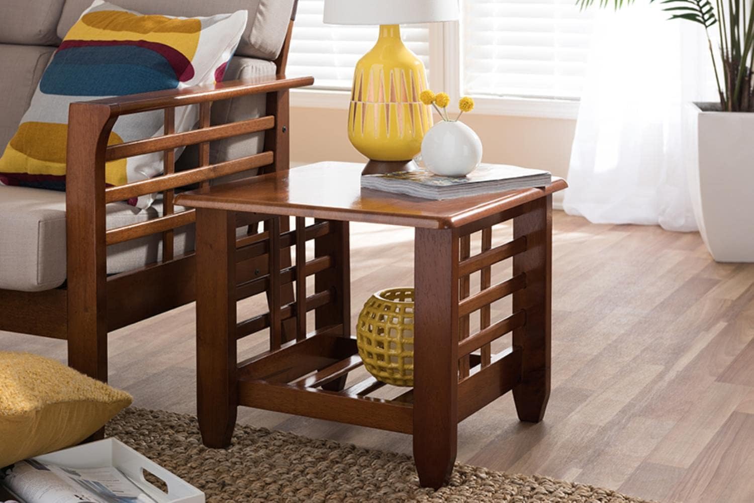 BOWERY HILL Modern Wood End Table, Cherry Brown Finish, Mission Style, 17.36" H x 20.67" W x 20.67" D, Rubberwood Construction with Open Slatted Shelf, Compact Living Room Side Table for Books and