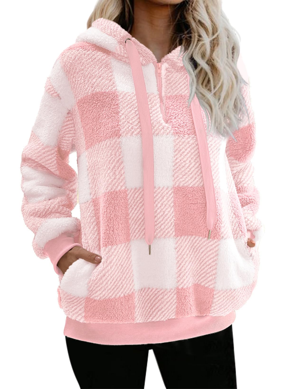 Nirovien Womens Sherpa Pullover Oversized Fuzzy Hoodie Double Fleece Sweatshirts Fluffy Plaid Outerwear Warm Coats
