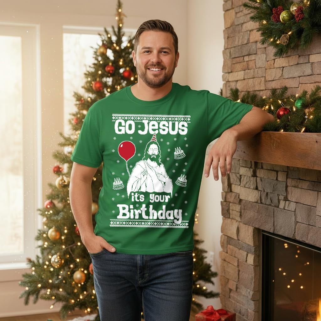 Tstars Go Jesus It's Your Birthday Shirt - Funny Ugly Christmas Sweater Style Holiday Tee for Men & Adults