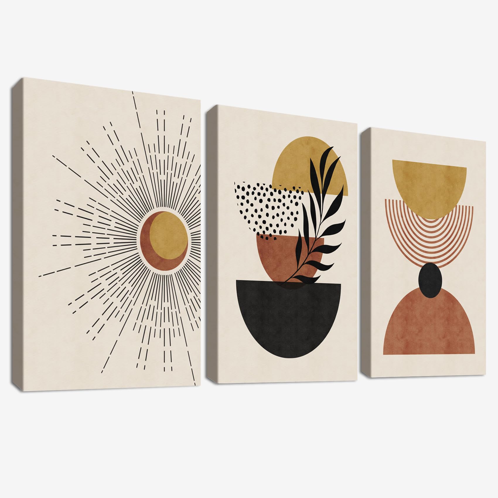 3Pcs Mit Rahmen Leinwand Bilder Beige Ingwer Orange Geometrische Sonne Bild auf Leinwand Malerei Nordischer Minimalist Wandbilder Wohnzimmer Schlafzimmer Badezimmer Wanddeko 150x70cm (20