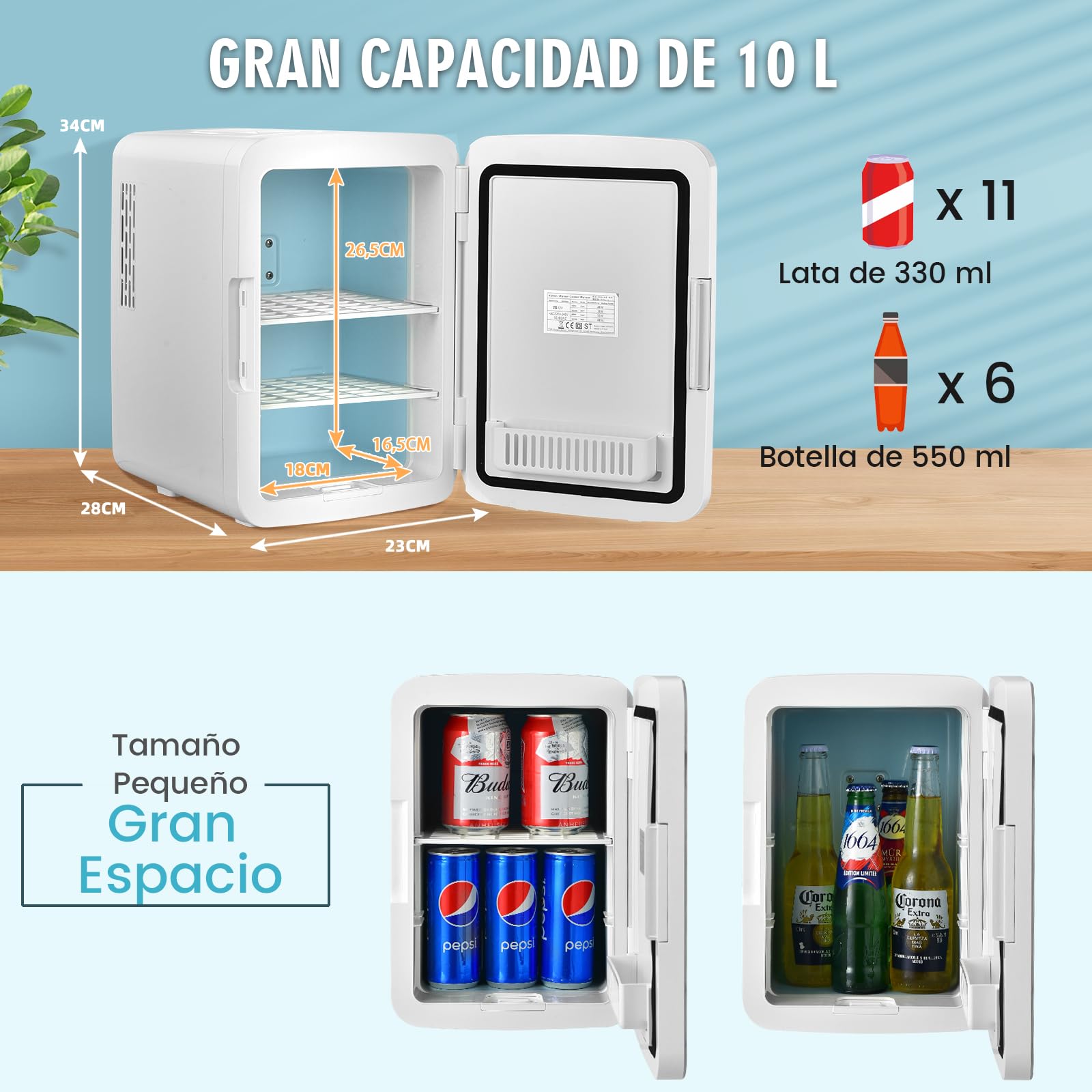 GOPLUS Mini Nevera para Maquillaje 10L de -5 a 50 ℃, Mini Refrigerador con Espejo LED, Refrigerador de Belleza con Modo Frío/Calor y Estantes Extraíbles para Refresco Cosmético, 23 x 28 x 34 cm