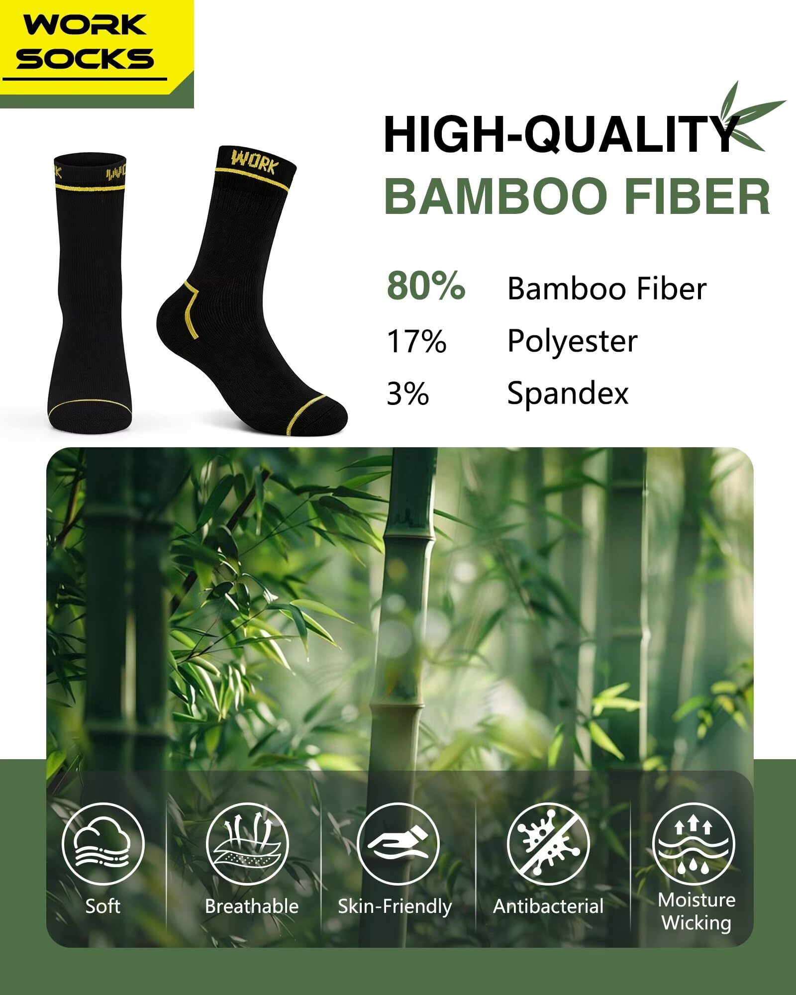 FALARY Bambù Calze da Lavoro Uomo (6 Paia) Calzini Spugna Neri Work Socks | 80% Bambù Fibre, Traspirante, Antibatterico, Adatto ai Lavoratori Manuali, Rinforzate Tallone e Punta, Durevole e Resistente