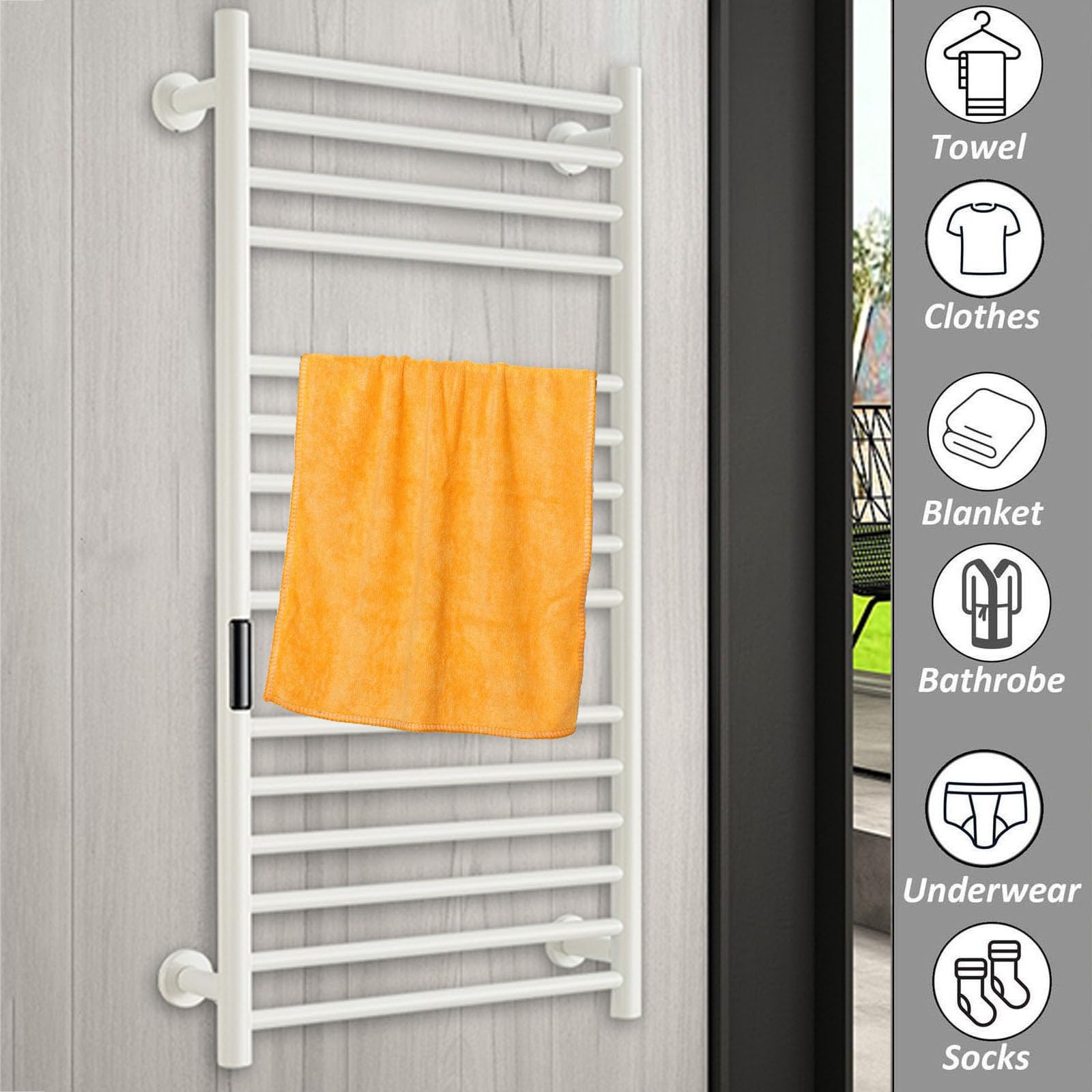 Beheizter Händetrockner, 15 Bar, Wandmontage, Edelstahl, weiße Oberfläche, konstante Temperatur, ideal für Badezimmer, schnell trocknend, energieeffizientes, modernes Design