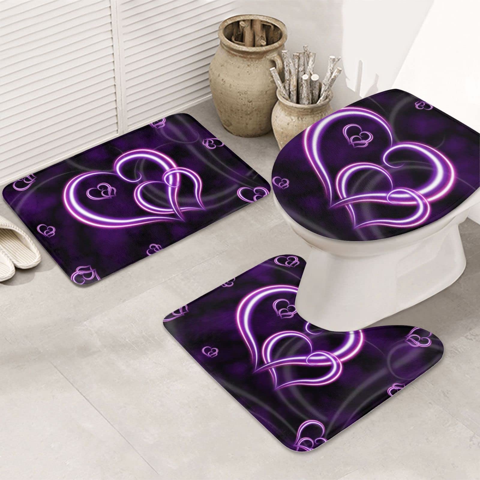 Set di 3 tappetini da bagno con motivo a cuori viola, in flanella, antiscivolo, con coperchio, per decorare la casa