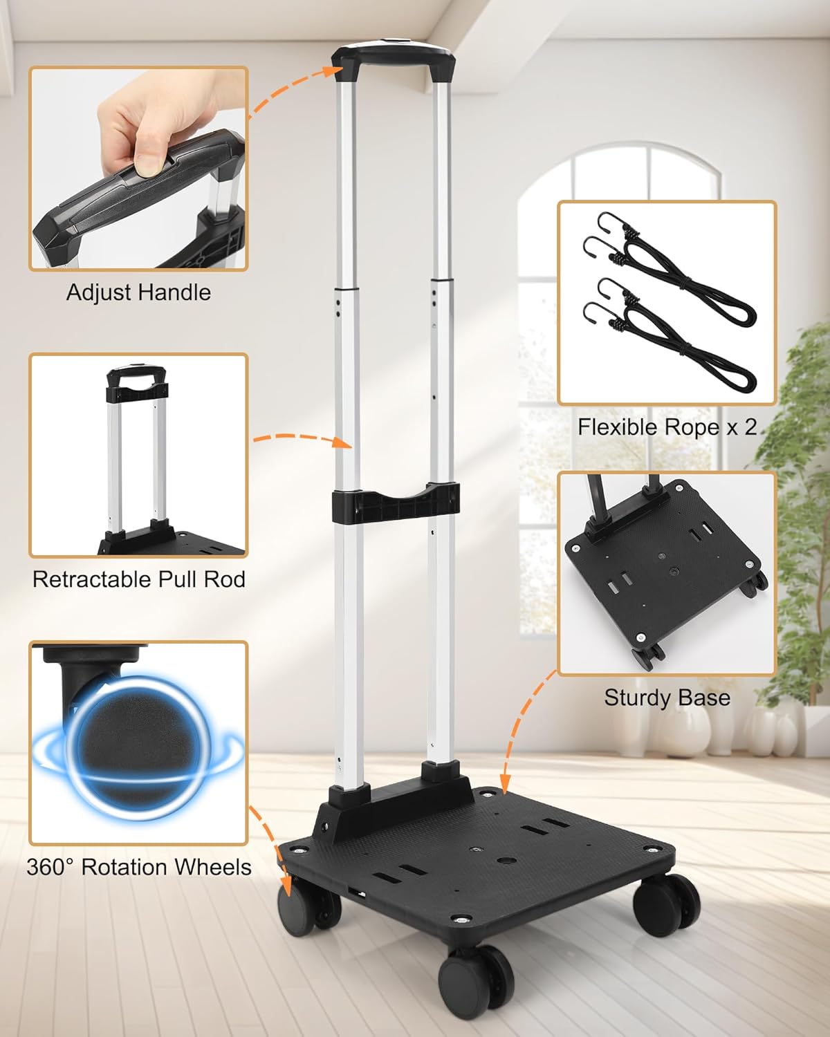 Relavel Folding Hand Truck, Lightweight Small Dolly Cart with 360° Spinner Wheels, Foladable Trolley Luggage Cart, Portable Collapsible Cart Suitable for Moving Extra Large Makeup Case Backpack