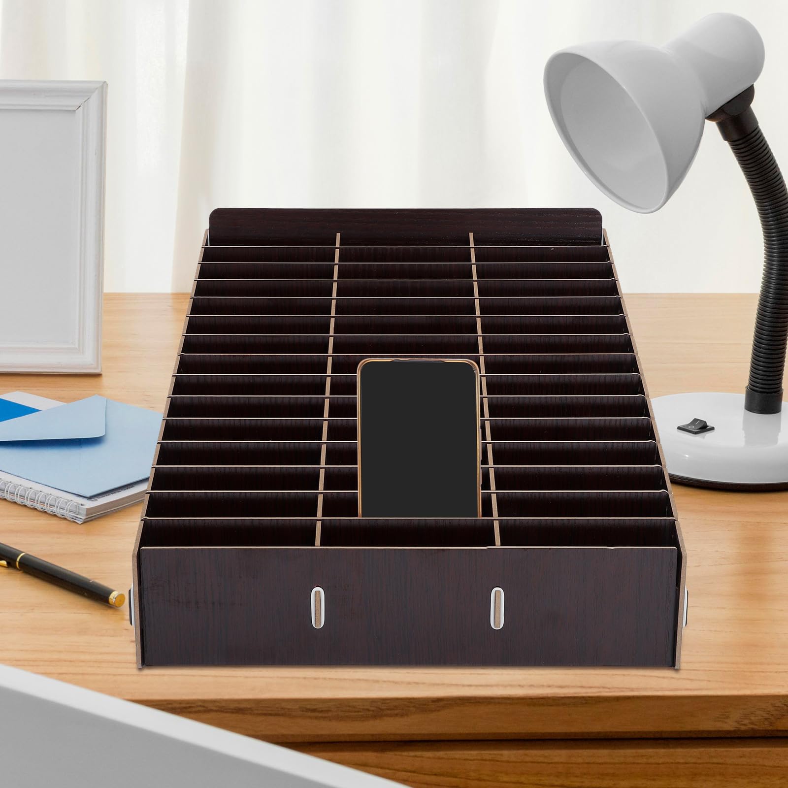 Aufbewahrungsbox Stabile Tischtelefonhalterung mit 45 Fächern aus Ahornholz für Handy und Scheren für Klassenzimmer und Büroorganisation