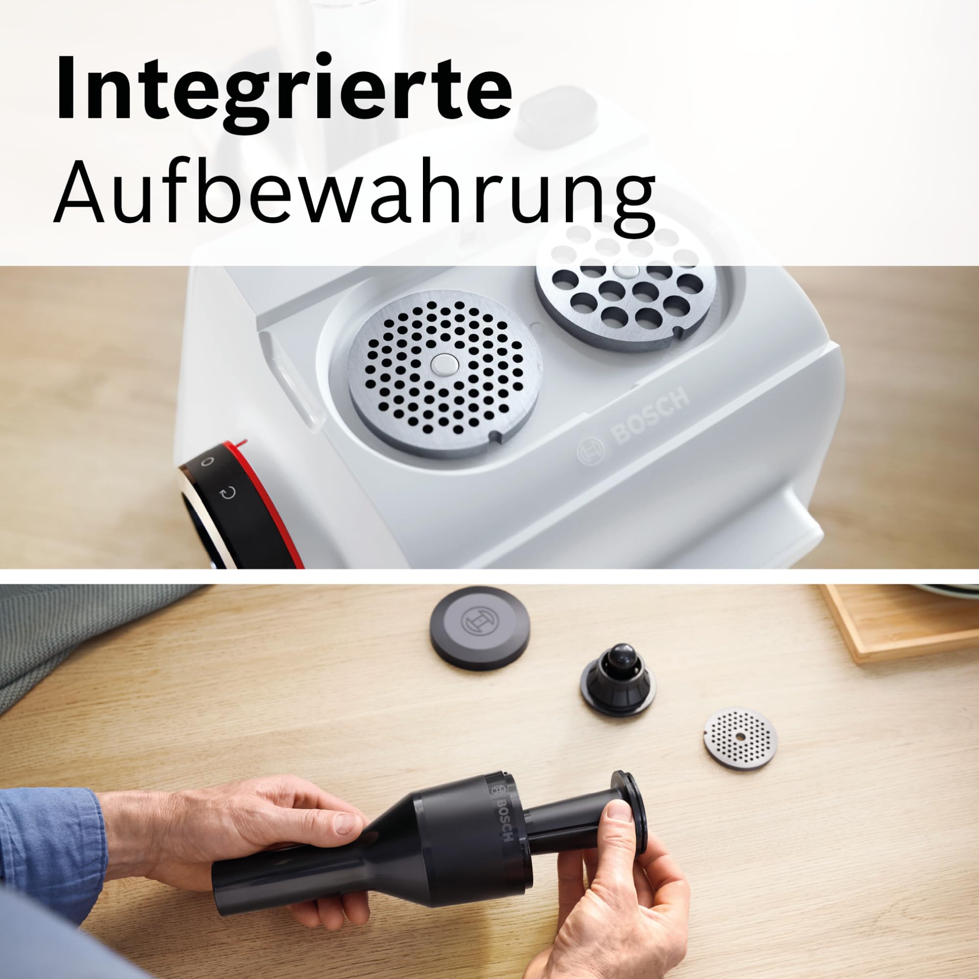 Bosch Fleischwolf Serie 4, 2 Lochscheiben (3 / 8mm) Edelstahl, spülmaschinenfest, elektrisch, stark, kompakt, 2 Stufen, Wurststopfer, 1.900 W, weiß/schwarz, MultiPower MFWS420W
