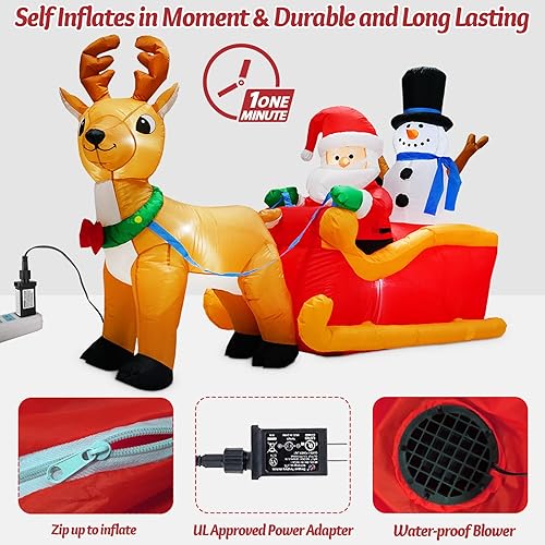 Miniatura 6 de Danxilu Papá Noel inflable de Navidad de 6.6 pies de largo en trineo con muñeco de nieve y renos, luces LED integradas para decoración de patio para