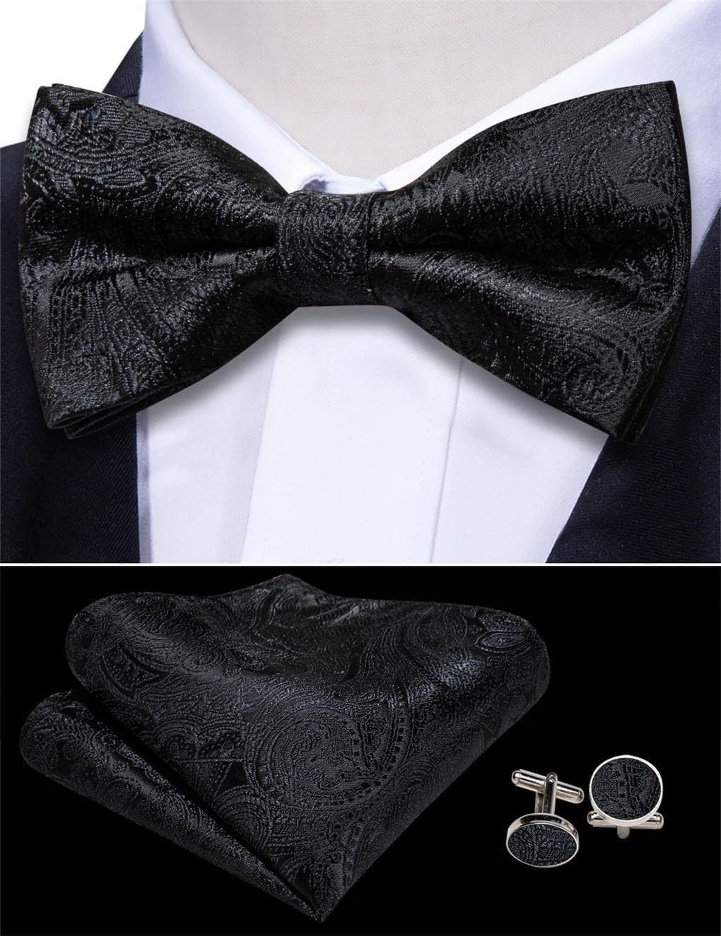 Men Black Silk Cummerbund Fashion Paisley Jacquard Bowtie Pocket Square Cufflinks Sets Business Party Accessories