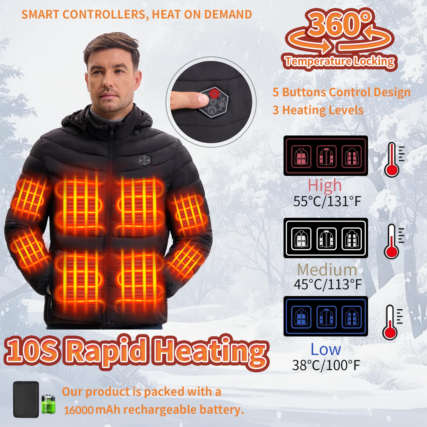 Veste Chauffante Avec Batterie Doudoune Chauffante Avec 15 Coussins Chauffants en Fibre de Carbone, Veste Chauffante électrique pour Moto Pêche Ski Activités de Plein Air