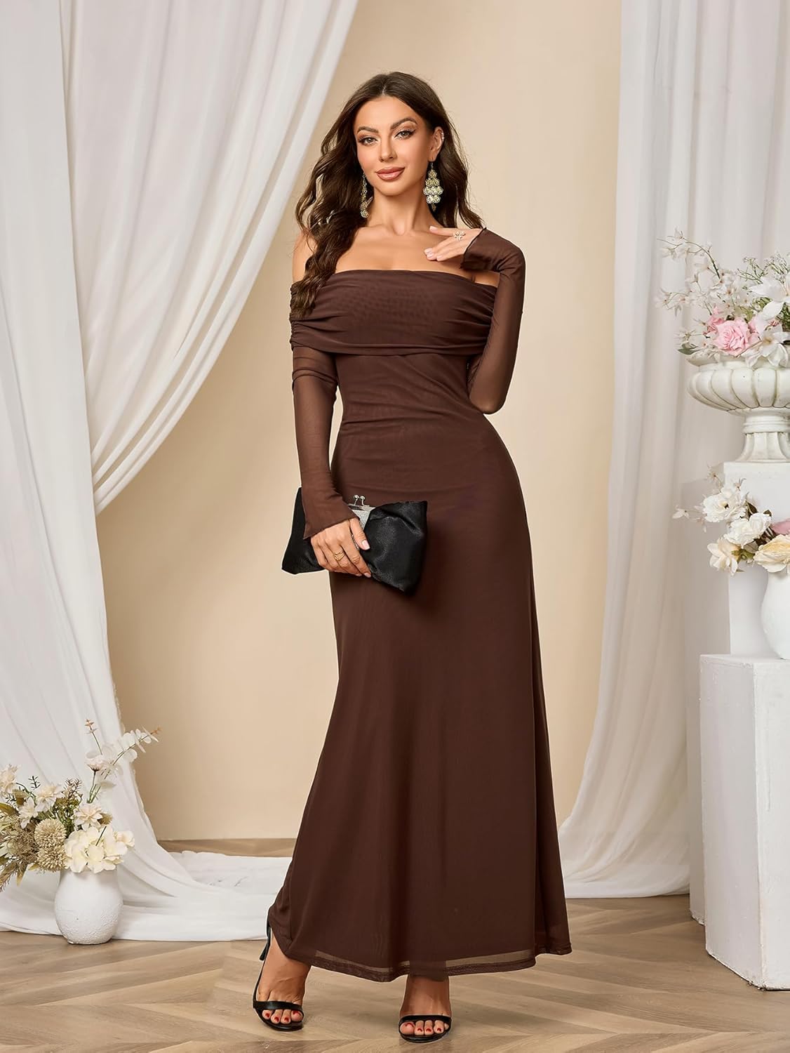 Colysmo Women Long Sleeve Mesh Off Shoulder Bodycon Maxi Dress Formal Wedding Guest Fall Dresses for Women 2025 - Image 5