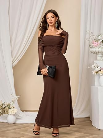 Colysmo Women Long Sleeve Mesh Off Shoulder Bodycon Maxi Dress Formal Wedding Guest Fall Dresses for Women 2025