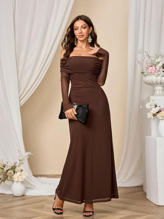 Colysmo Women Long Sleeve Mesh Off Shoulder Bodycon Maxi Dress Formal Wedding Guest Fall Dresses for Women 2025
