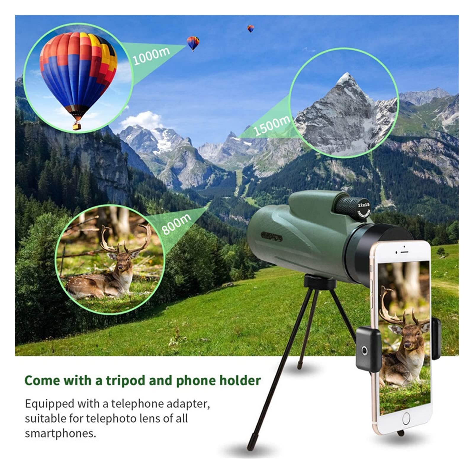 Telescopio 12X50 Monoculare Outdoor Campeggio Viaggio Caccia HDTelescopio con treppiede Supporto per Cellulare Guarda Uccelli (Color : Monocular Set)