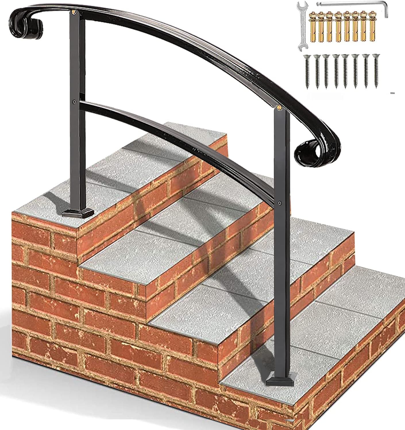 Flyskip Handrails for Outdoor Steps | Height Adjustable 4 Step Handrail Kit Fits 1 or 4 Steps | Wrought Iron Handrail Stair Rail,Black