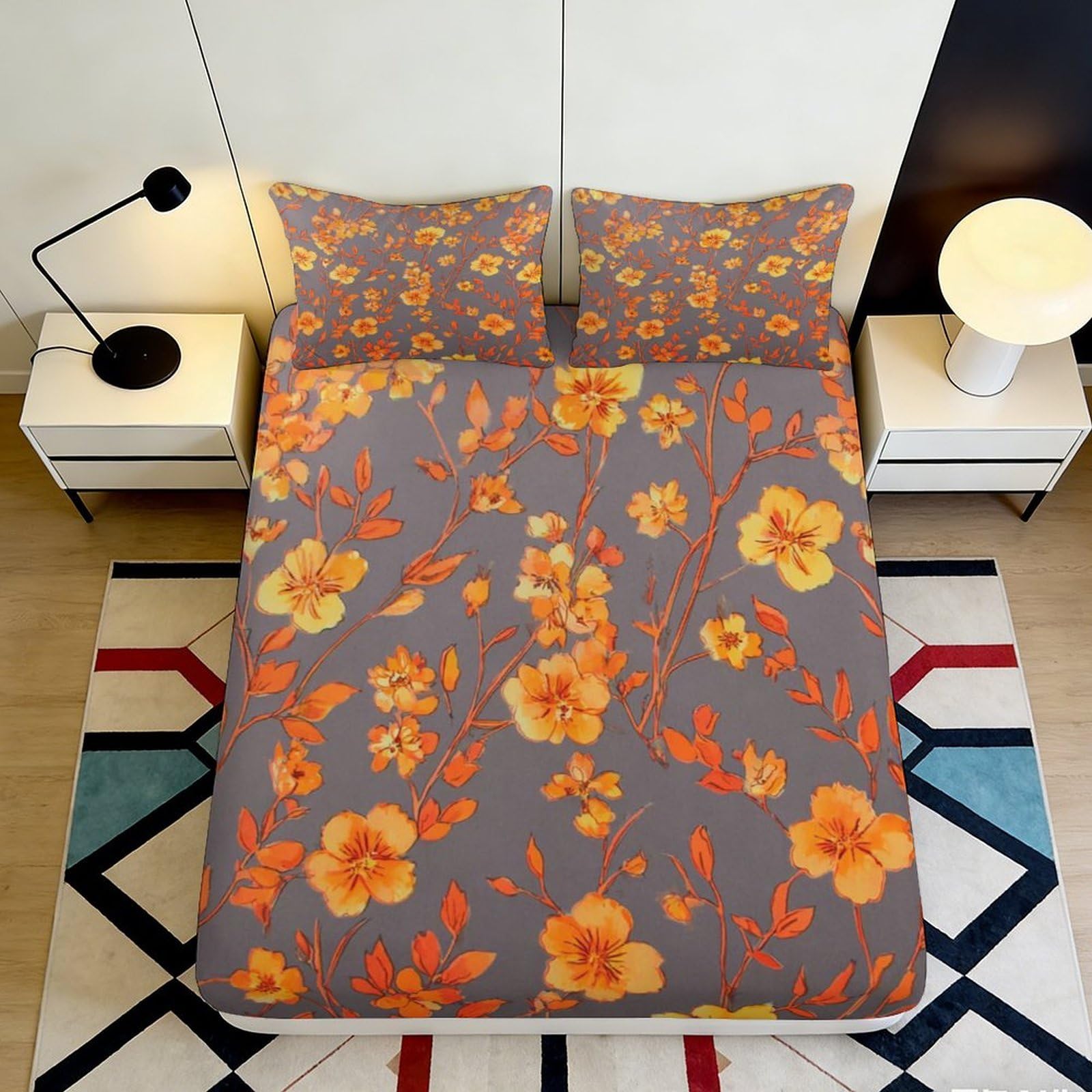 3D Printed Orange Blossom Fitted Sheet Microfiber Soft Grey Floral Mattress Cover for Bedroom Guestroom Decor 90x200x25cm