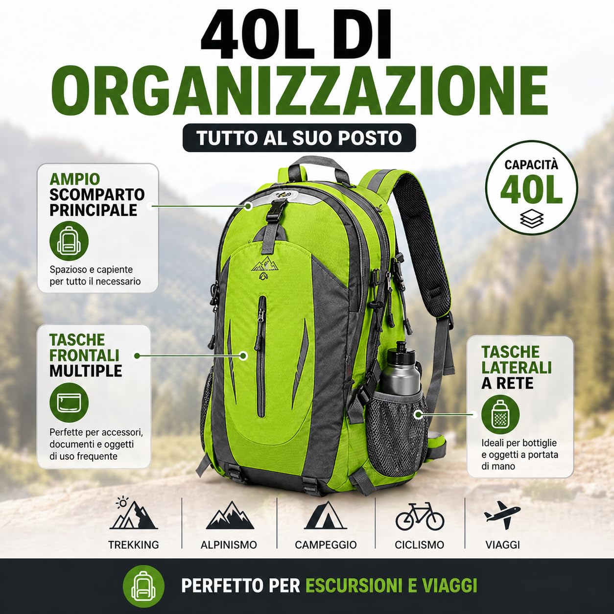 Zaino con Pannello Solare 20W USB 5V - Zaino Trekking da 40 Litri Impermeabile per Escursionismo, Alpinismo, Campeggio - Spallacci e Schienale Imbottiti, Antistrappo e Multifunzionale