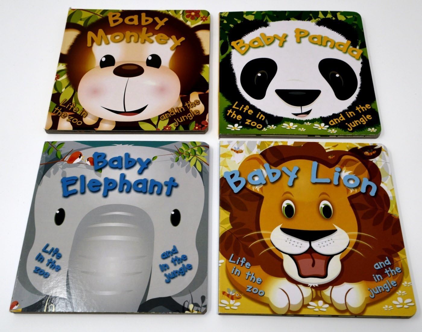 Set of 4 Baby Animal Board Books for Children: Baby Panda, Baby Monkey, Baby Lion and Baby Elephant