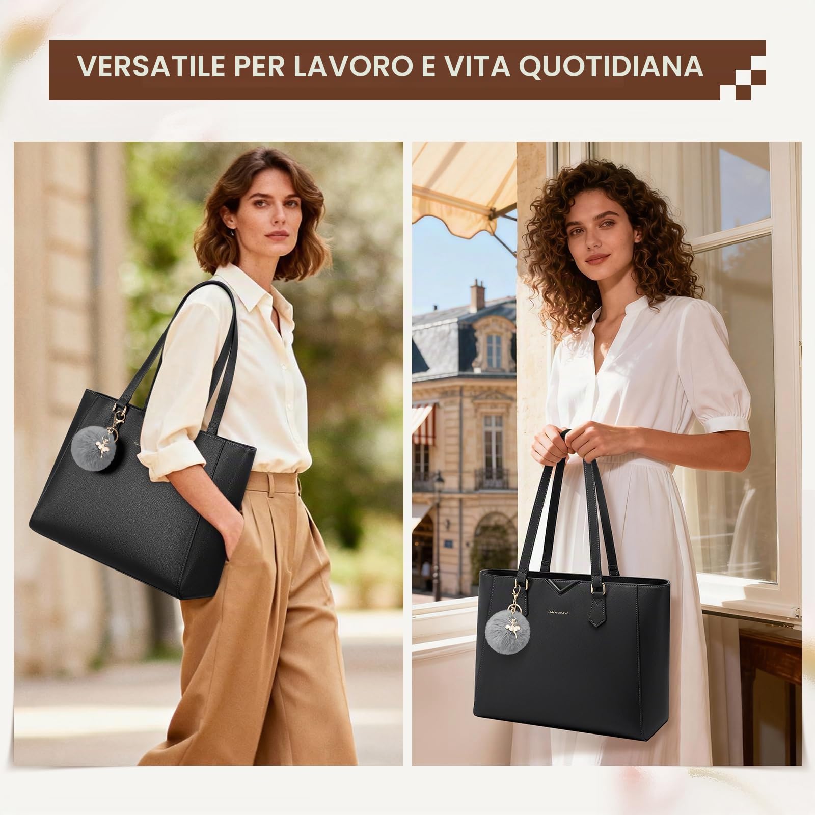 RAINSMORE Borsa Donna Grande Borsa Università Impermeabile Borsa Lavoro Donna Pelle PU Borse Shopping Tote Con Pompon Staccabile per Ufficio Scuola Viaggi