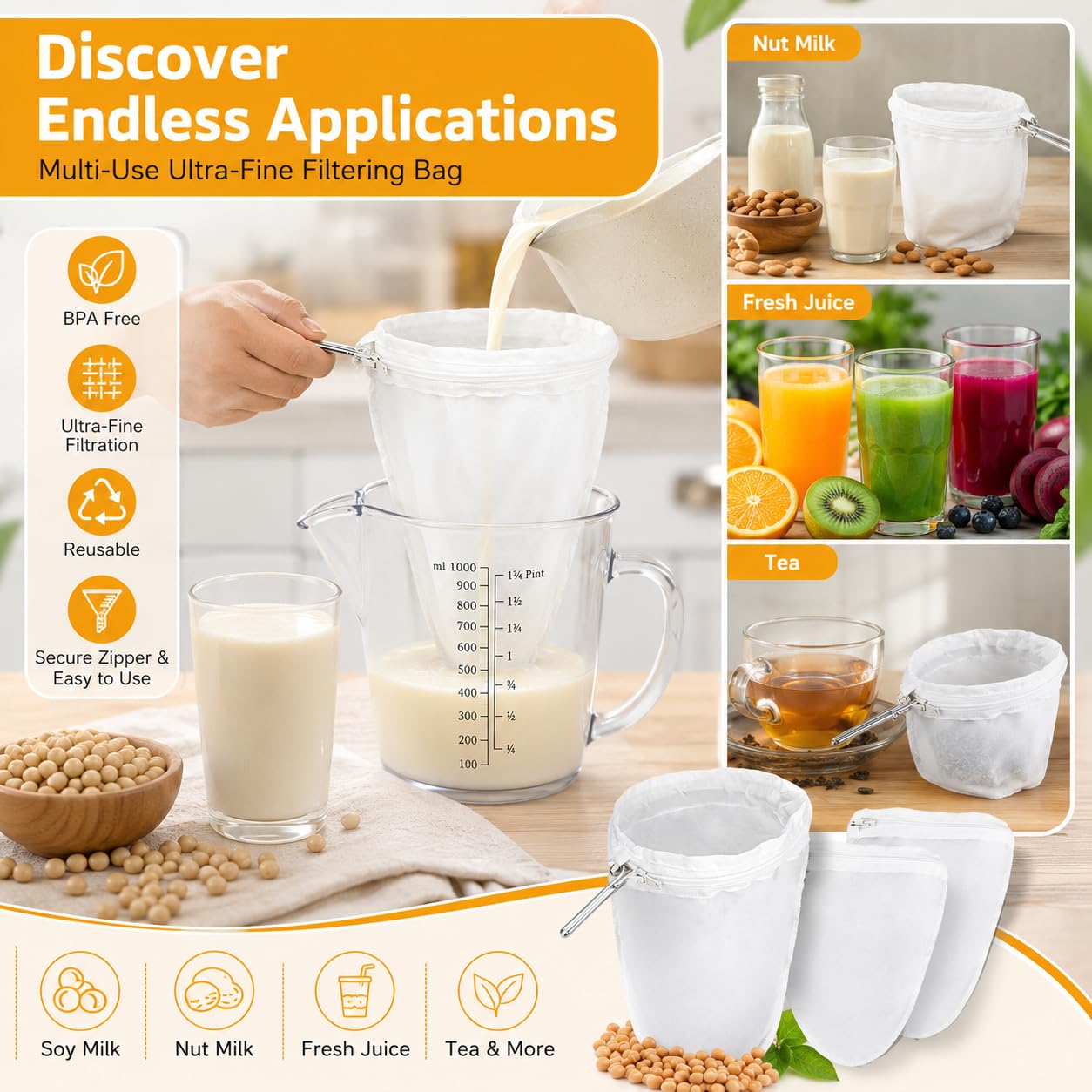 RAINFLOW - Bolsas de filtro de malla para filtro de leche de nuez, café, leche, mantequilla y queso fresco para el hogar o tienda (tamaño pequeño)
