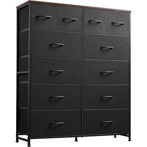 WLIVE Tall Dresser for Bedroom with 12 Drawers, Dressers & Chests of Drawers, Fabric Dresser for Bedroom, Closet, Fabric Storage Dresser with Storage Drawers, Wood Top, Black and Rustic Brown