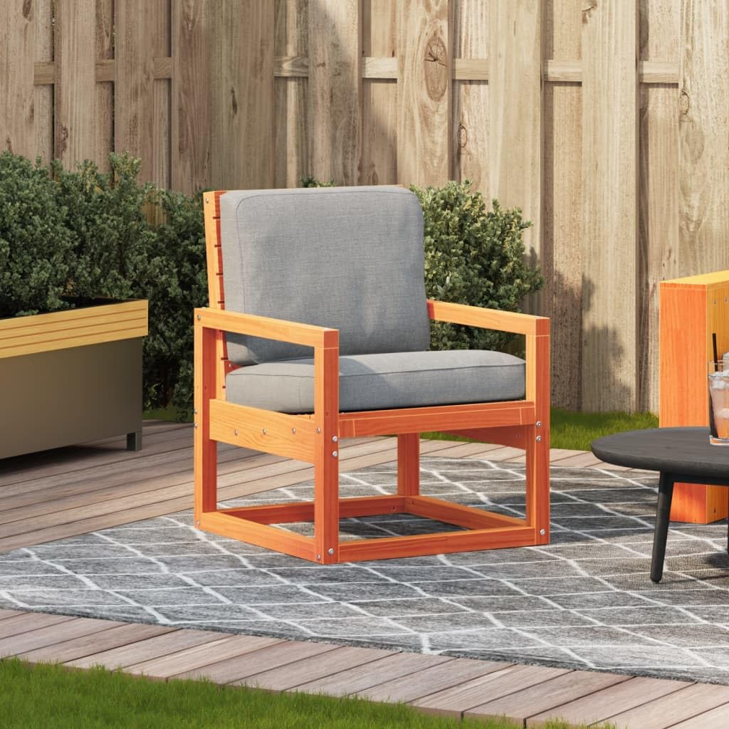 Silla de jardín de madera maciza de pino color marrón cera, 57,5 x 63 x 76 cm, diseño de listones cómodo, reposabrazos robusto y duradero para jardín, terraza, balcón, camping