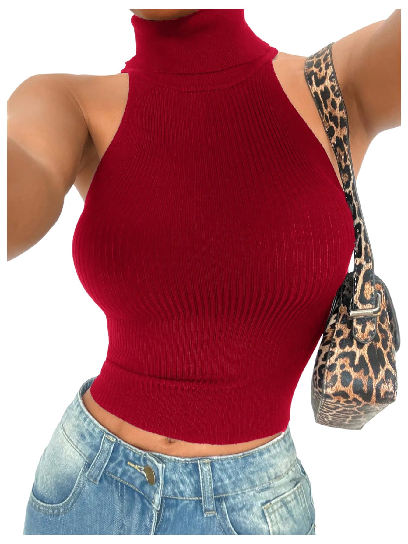 MakeMeChic Sleeveless Turtle Neck Tops Crop Mock Neck Tops for Women