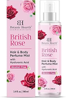 Botanic Hearth British Rose Hair Perfume & Body Perfume Mist with Hyaluronic Acid, Alcohol-Free, Refreshing & Hydrating Body Spray, Long Lasting Floral Fragrance, 100 ml / 3.4 fl oz