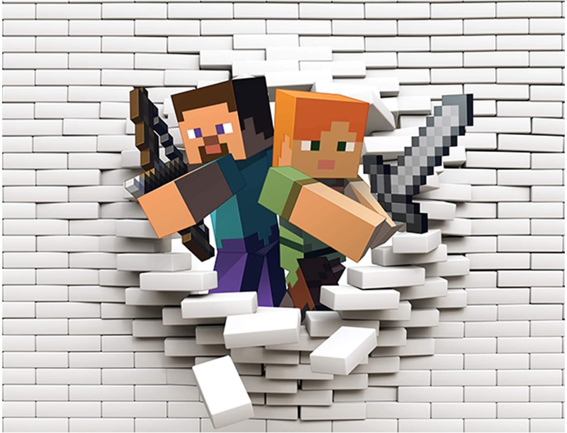 Minecraft Characters Comming Out 3D Hole in The Wall Effect Self Adhesive Wall Sticker Art Decal Mural, 85cm x 64cm
