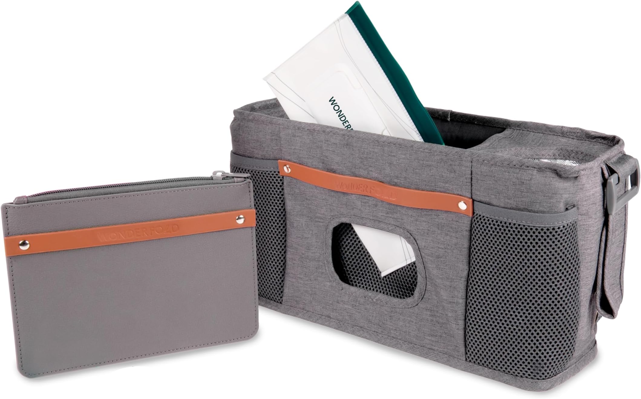 Universal Parent Console Stroller Organizer with Insulated Cup Holders, Hook & Loop Closure Handle Attachment, 2 Storage Pockets, Removable Shoulder Strap for Easy Transport