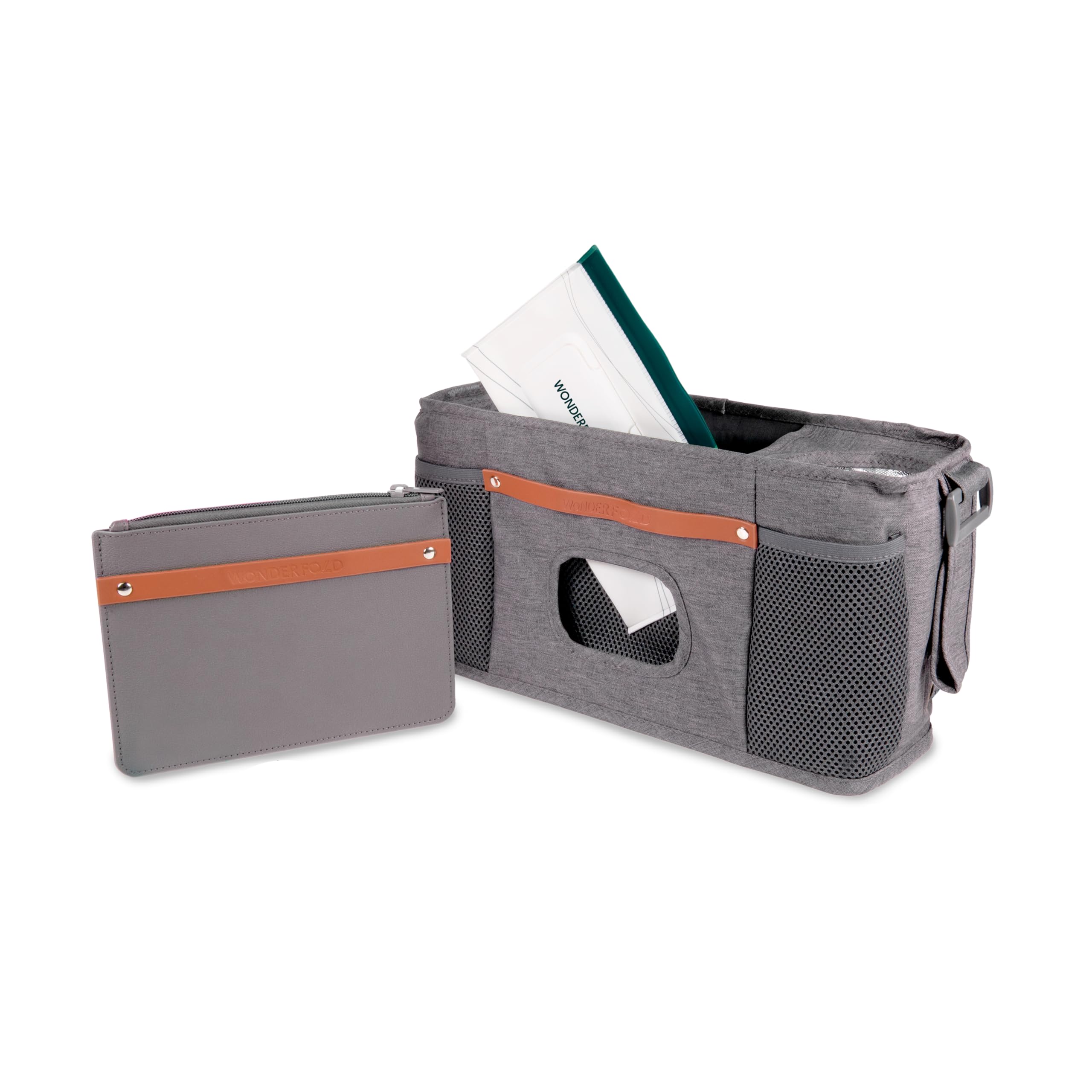 WONDERFOLD Universal Parent Console Stroller Organizer with Insulated Cup Holders, Hook &amp; Loop Closure Handle Attachment, 2 Storage Pockets, Removable Shoulder Strap for Easy Transport