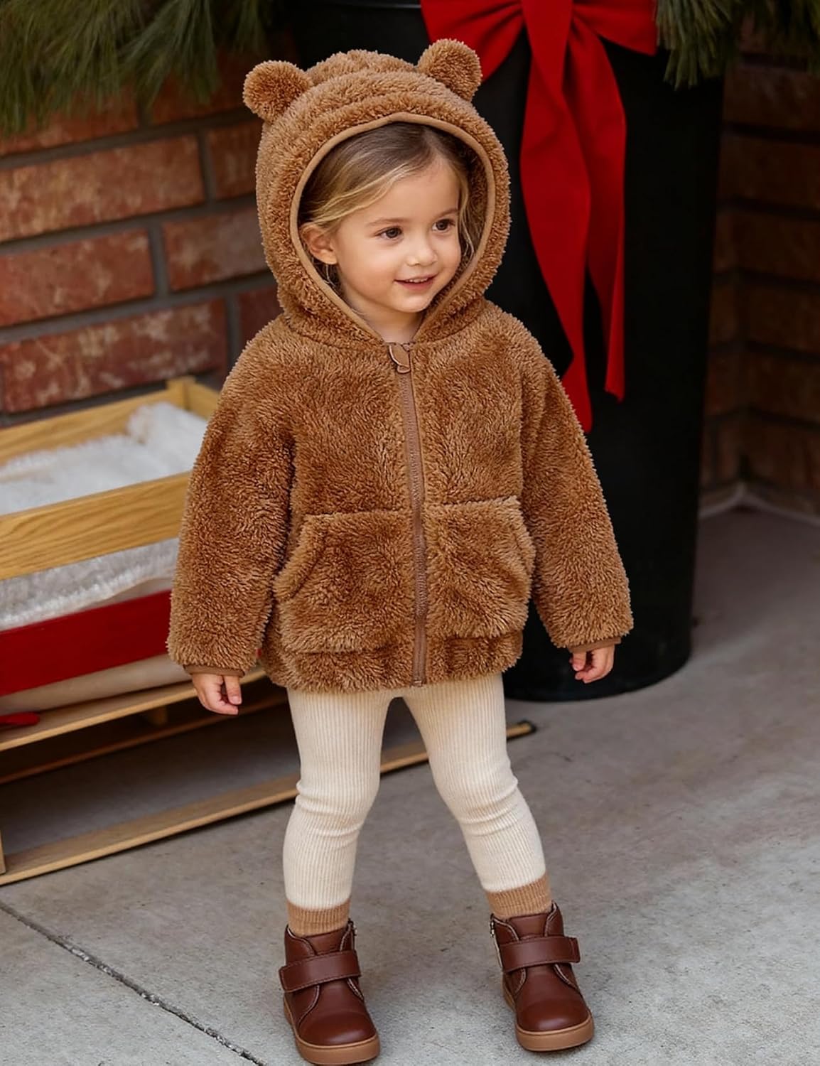 Flygo Girls Boys Fleece Hooded Jacket Unisex Toddler Sweatshirt Bear Ear Zip Up Sweater Outwear Hoodie - Image 2