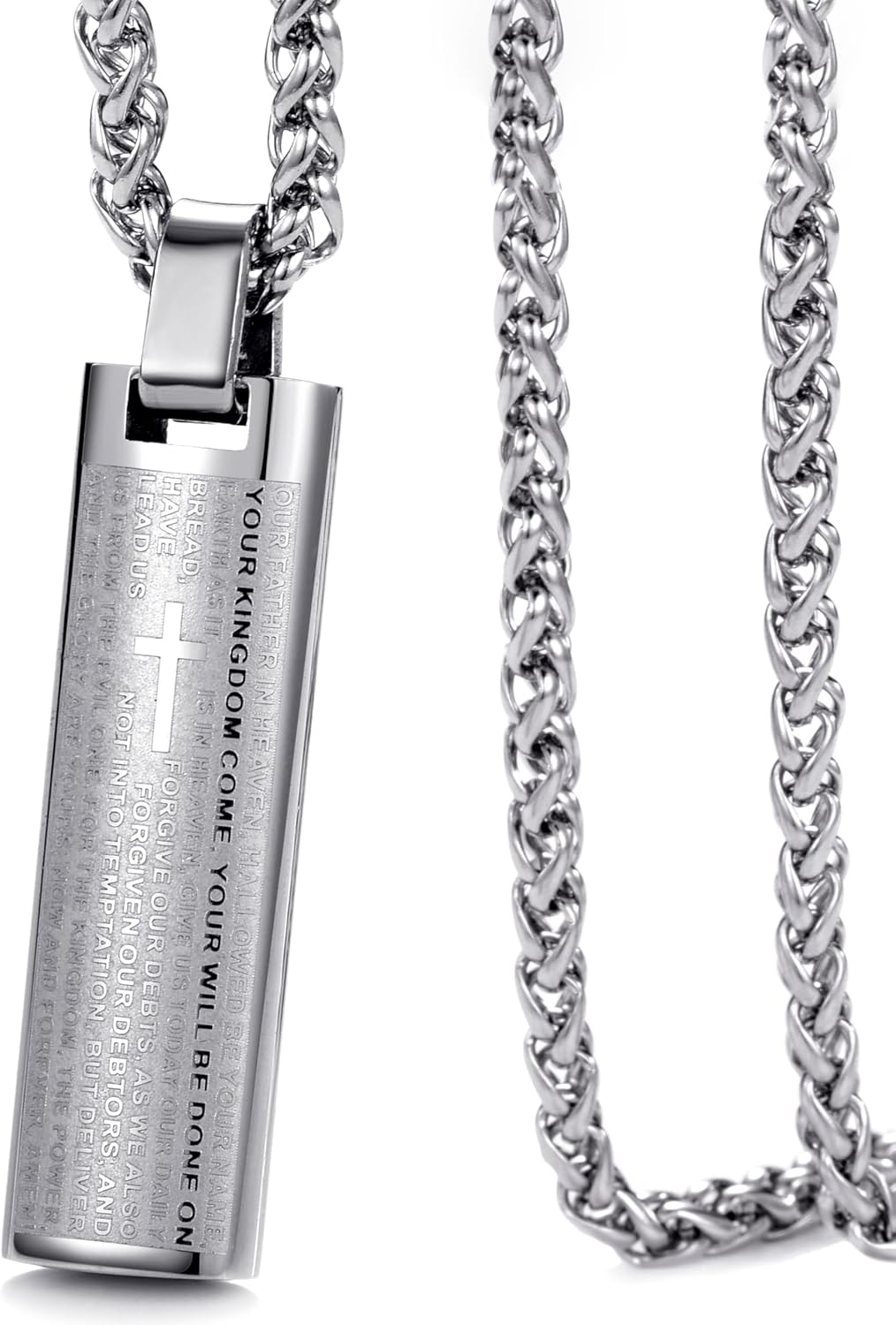 Stainless Steel Lord's Prayer Pendant Necklace for Men Engraved Lords Prayer Bar Pendant with Polished Back & Textured Front, Religious Gift for Christian, 24" Chain