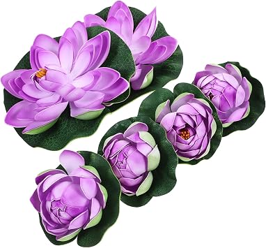 ULTECHNOVO 6pcs Artificial Floating Foam Lotus with Water Lily Pad, Decor Floating Pool Simulation Water Lilies Garden Floating Decoration Pond Plants Fake Artificial Purple Floor