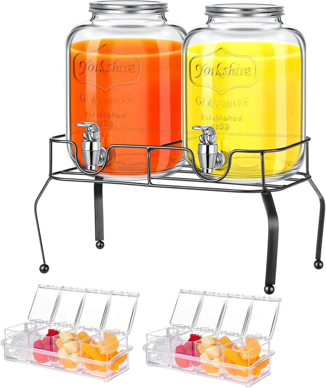 Glass Drink Dispenser for Party Set of 2-1 Gallon, 2 Pcs Ice Chilled Condiment Caddy with Lid and Spoon Halloween Drink Dispenser with Stand and Spigot for Summer Wedding Party Bar Supplies