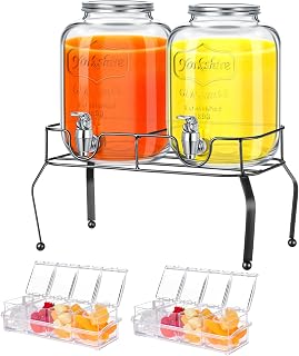 FillTouch Glass Drink Dispenser for Party Set of 2-1 Gallon, 2 Pcs Ice Chilled Condiment Caddy with Lid and Spoon Halloween Drink Dispenser with Stand and Spigot for Summer Wedding Party Bar Supplies